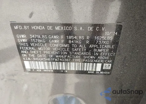 2015 Honda Fit Ex/Ex-L z USA, uszkodzony, nr VIN 3HGGK5H81FM740387